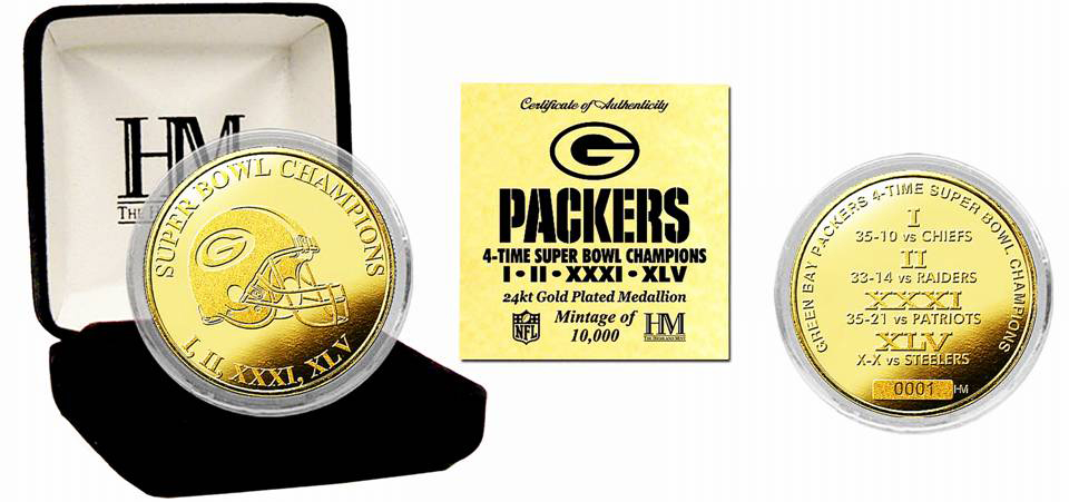 Plated 24Kt Gold Boxed Packer Super Bowl Champs coin